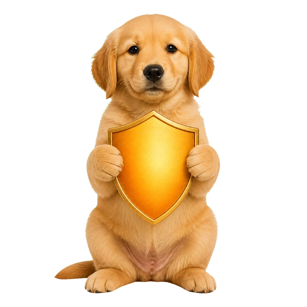 Cachorrito sosteniendo un escudo, representando la garantía de la compra