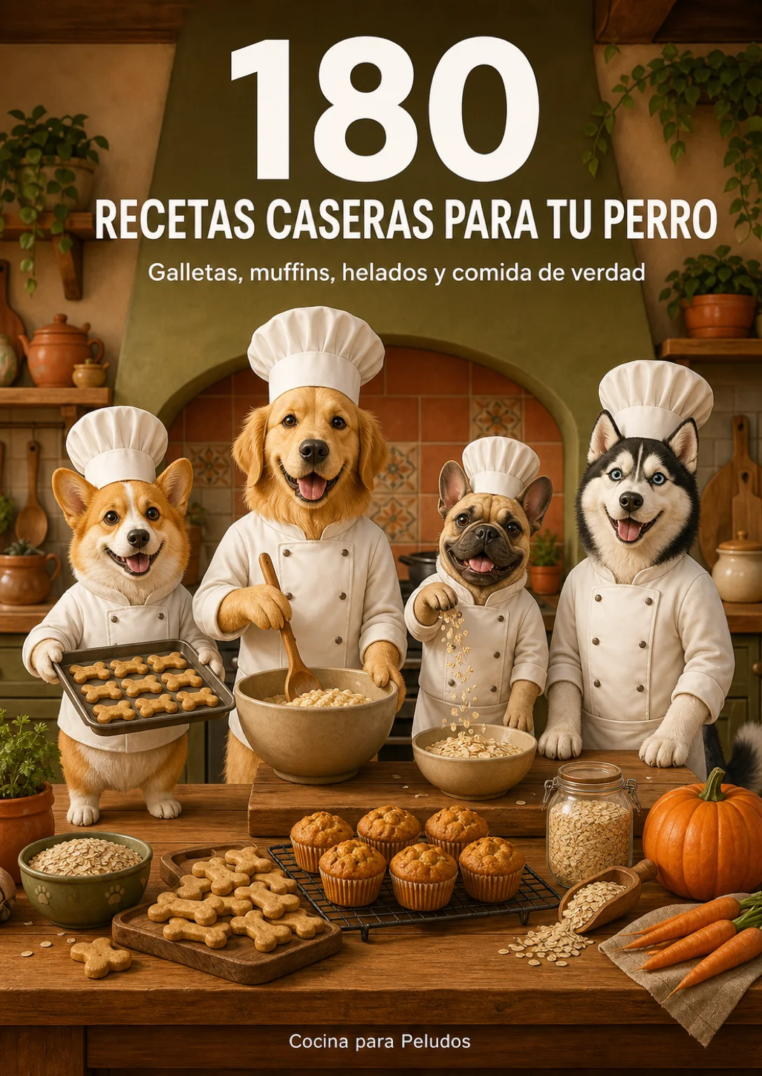 180 Recetas Caseras para Tu Perro: cuatro perros disfrazados de chef preparando galletas, muffins y helados caseros en una cocina