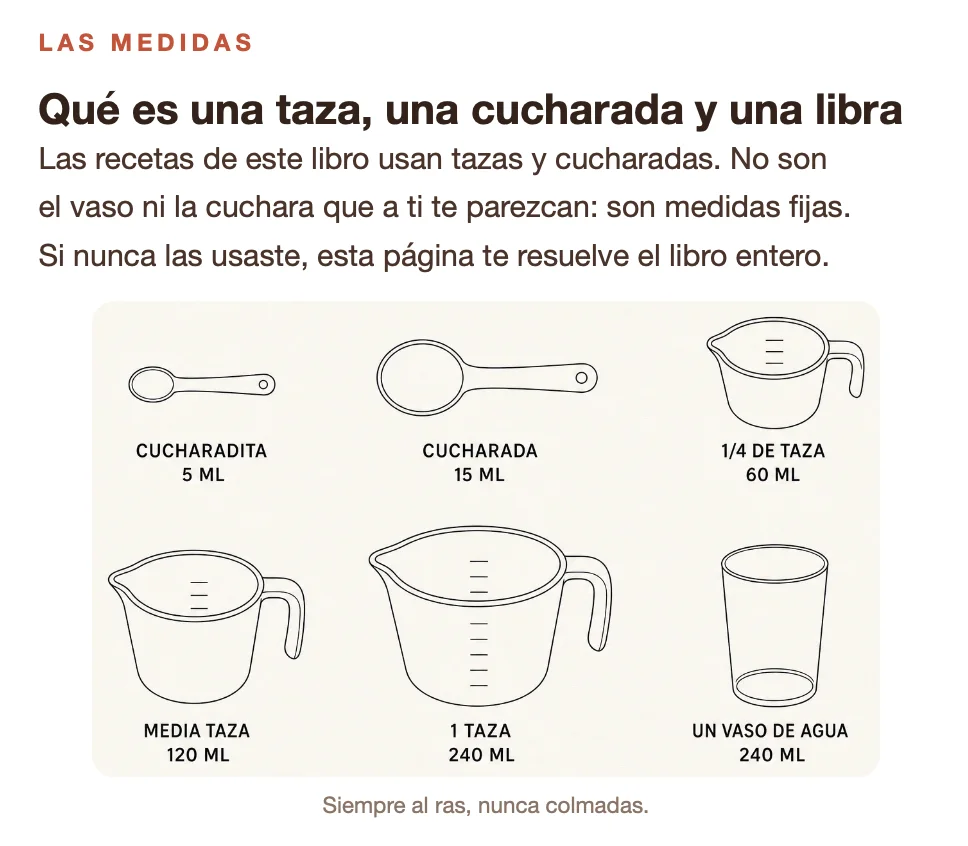 Guía de medidas: cucharadita, cucharada y taza, con sus equivalentes en mililitros