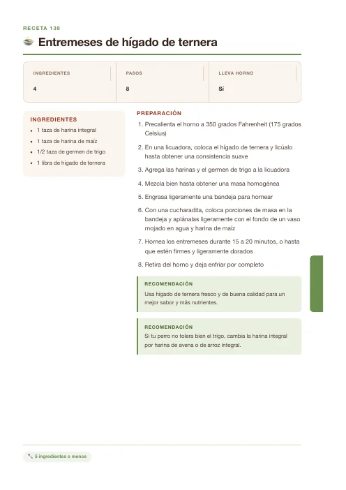 Página de ejemplo de una receta, con ingredientes y pasos numerados